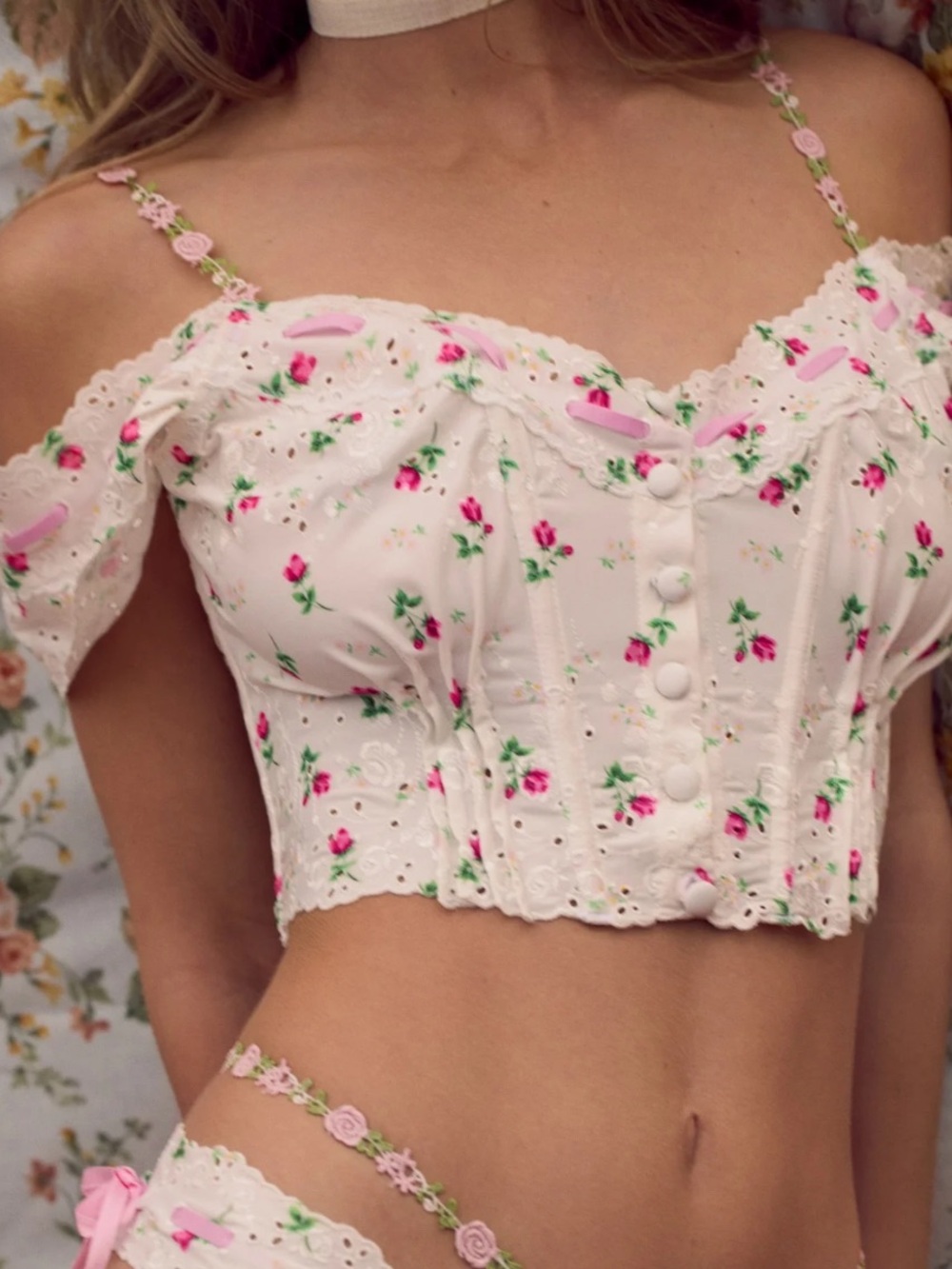 NWT For Love & Lemons White Eyelet Cropped Corset Top with Pink Rose Embroidery